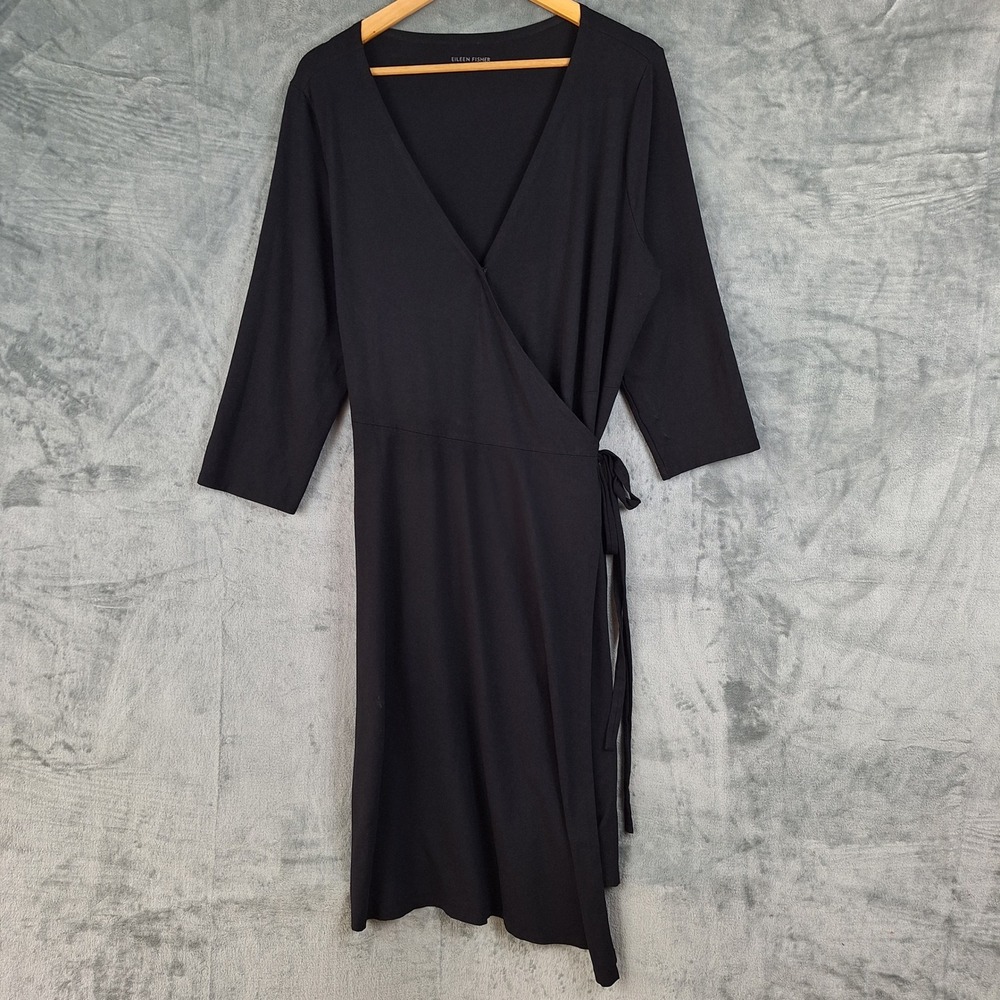 Eileen Fisher Dress XL Black Wrap Minimalist Capsule Classic Quiet Luxury Midi